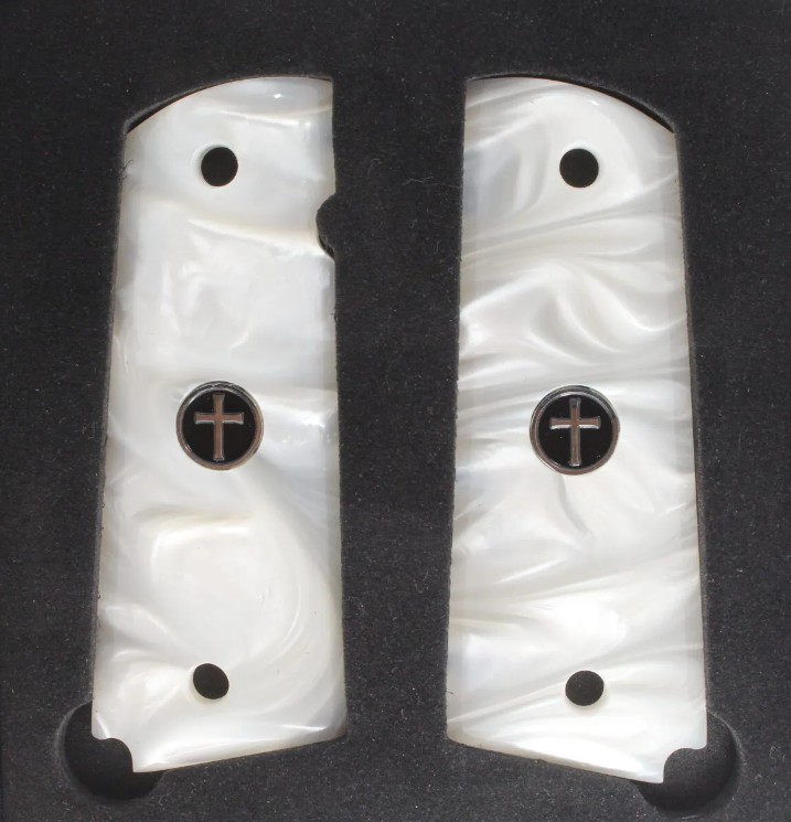 Silver/Black Cross Medallion Pearl, 1911 Full Size Grips – Premium